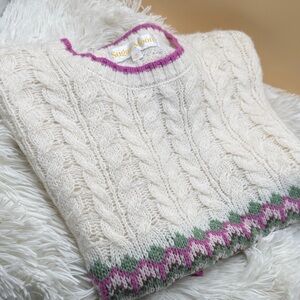Sugar Ivory Cable Knit Sweater with Purple and Green Trim